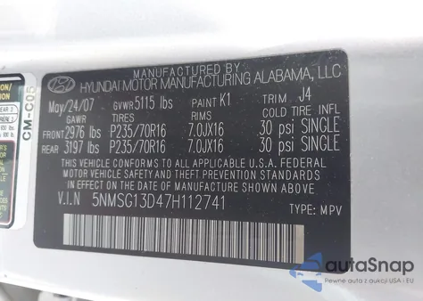 2007 Hyundai Santa Fe Gls z USA, uszkodzony, nr VIN 5NMSG13D47H112741